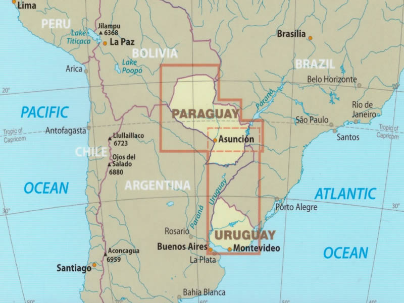 immagine di mappa stradale mappa stradale Uruguay, Paraguay - con Montevideo, Salto, Ciudad de la Costa, Paysandú, Las Piedras, Rivera, Maldonado, Asunción, Ciudad del Este, San Lorenzo, Luque, Capiatá, Lambaré, Fernando de la Mora, Limpio - mappa stradale, impermeabile e antistrappo - nuova edizione