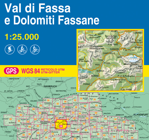 immagine di mappa topografica mappa topografica n.006 - Val di Fassa e Dolomiti Fassane - con Alpe di Siusi / Seiseralm, Selva, Sella, Corvara, Passo Campolongo, Arabba, Sassolungo, Catinaccio, Campitello, Canazei, Passo Pordoi, Alba, Lago Fedaia, Marmolada, Vigo, Pozza, Pera, Soraga, Moena, Forno, Latemar, Lago di Carezza, Passo Nigra, Col Margherita, Passo S. Pellegrino, Lusia, Passo Valles, Falcade - con reticolo UTM compatibile con sistemi GPS - EDIZIONE 2021