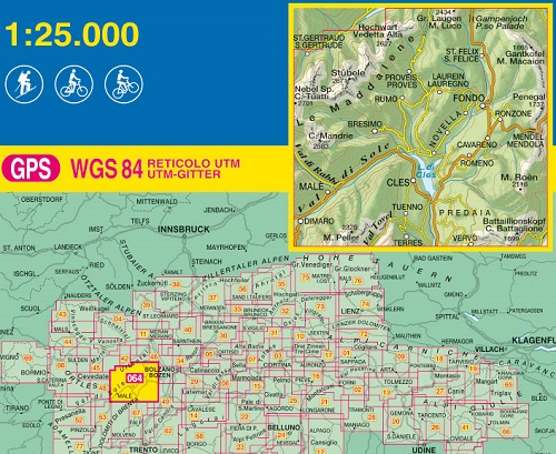 immagine di mappa topografica mappa topografica n.064 - Val di Non, Le Maddalene, Cles, Roen, Mendola, Val Tovel, Tuenno, Predaia, Val di Sole, Romeno, Cavareno, Novella, Fondo, Proves, Bresimo, S. Felice, Passo Palade, M. Luco, Val di Rabbi - compatibile con GPS - nuova edizione