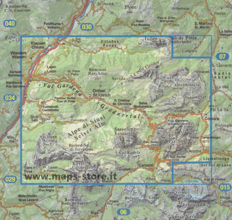 immagine di mappa topografica mappa topografica n.005 - Val Gardena / Gröden, Alpe di Siusi / Seiseralm, Ortisei / St. Ulrich, S. Cristina, Sciliar, Sella, Canazei, Puez, Val di Funes, Seceda, Laion, Tullen, Gherdenacia, Sassongher, Colfosco, Piz Boè, Arabba, Passo Pordoi, Campitello, Sassolungo, Catinaccio - con reticolo UTM compatibile con GPS - impermeabile, antistrappo, plastic-free, eco-friendly - nuova edizione