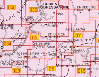 immagine di mappa topografica mappa topografica n.05 - Val Gardena / Gröden, Alpe di Siusi / Seiseralm, Ortisei / St. Ulrich, S. Cristina, Sciliar, Sella, Canazei, Puez, Val di Funes - con reticolo UTM compatibile con GPS