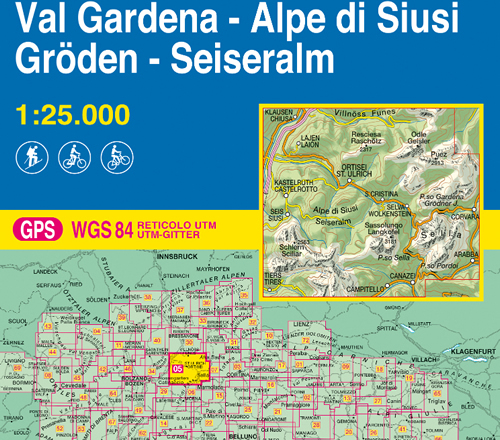 immagine di mappa topografica mappa topografica n.005 - Val Gardena / Gröden, Alpe di Siusi / Seiseralm, Ortisei / St. Ulrich, S. Cristina, Sciliar, Sella, Canazei, Puez, Val di Funes - con reticolo UTM compatibile con GPS