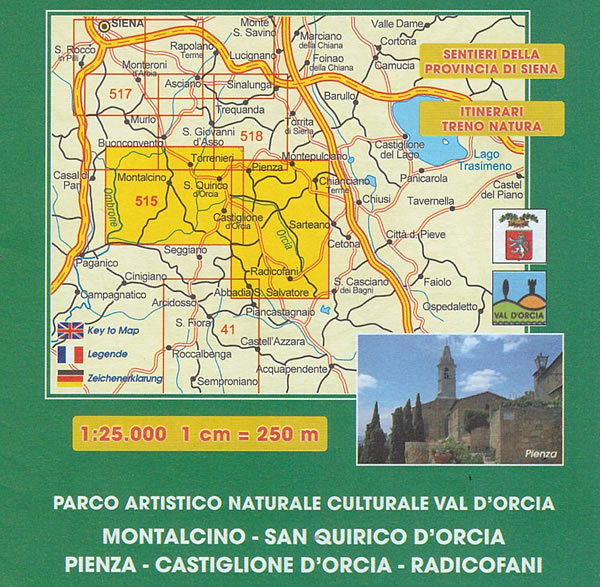 immagine di mappa topografica mappa topografica Val d' Orcia - mappa escursionistica n.515 - con sentieri CAI - con Montalcino, San Quirico, Pienza, Castiglione, Radicofani, Torrenieri - edizione 2024