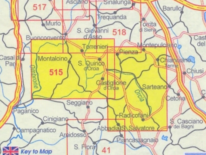 immagine di mappa topografica mappa topografica Val d' Orcia - mappa escursionistica n.515 - con sentieri CAI - con Montalcino, San Quirico, Pienza, Castiglione, Radicofani, Torrenieri - edizione 2024