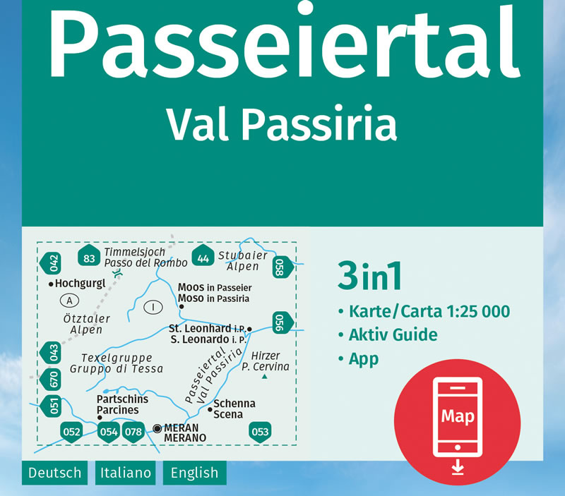 immagine di mappa topografica mappa topografica Val Passiria / Passeiertal - con Gruppo di Tessa, Alpi Venoste / Ötztaler Alpen, S. Leonardo, Moso in Passiria, Passo del Rombo, Parcines, Merano, Scena - mappa escursionistica Kompass n.044 - plastificata - compatibile con GPS - nuova edizione