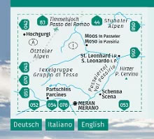 immagine di mappa topografica mappa topografica Val Passiria / Passeiertal - con Gruppo di Tessa, Alpi Venoste / Ötztaler Alpen, S. Leonardo, Moso in Passiria, Passo del Rombo, Parcines, Merano, Scena - mappa escursionistica Kompass n.044 - plastificata - compatibile con GPS - nuova edizione
