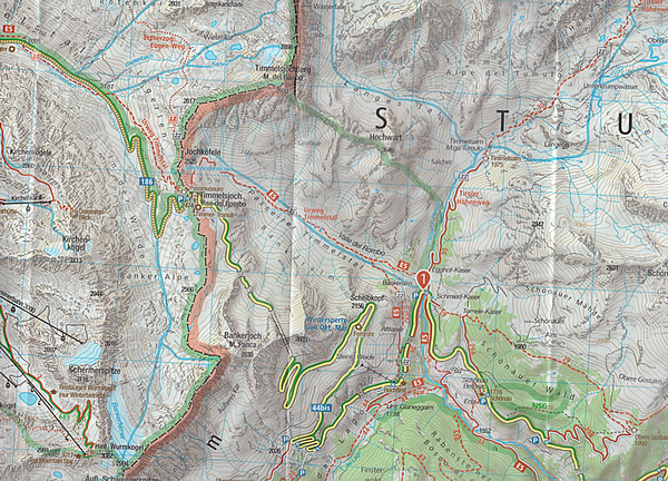 immagine di mappa topografica mappa topografica Val Passiria / Passeiertal - con Gruppo di Tessa, Alpi Venoste / Ötztaler Alpen, S. Leonardo, Moso in Passiria, Passo del Rombo, Parcines, Merano, Scena - mappa escursionistica Kompass n.044 - plastificata - compatibile con GPS - EDIZIONE 2025