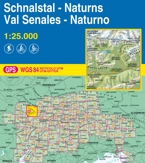 immagine di mappa topografica mappa topografica n.004 - Val Senales/Schnalstal, Naturns/Naturno - con Palla Bianca, Maso Corto, Lago di Vernaga, Val di Fosse, Castelbello, Silandro, Laces, Morter, Guardia Alta, Gruppo di Tessa, Zerminiger, Sonnenberg, Similaun, Altissima - con reticolo UTM compatibile con GPS - nuova edizione