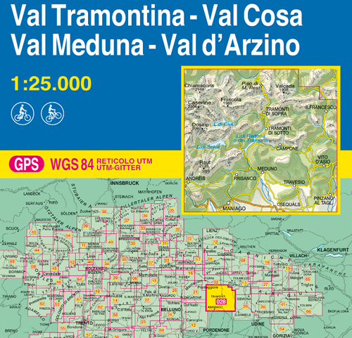immagine di mappa topografica mappa topografica n.028 - Val Tramontina, Val Cosa, Val d'Arzino - Passo di M. Rest, Frascola, Lago di Selva, Tramonti di Sotto, Tramonti di Sopra, Valcalda, Lago di Redona, Campone, Vito d'Asio, Meduno, Frisanico, Travesio, Andreis, Raut, Maniago - con reticolo UTM compatibile con sistemi GPS