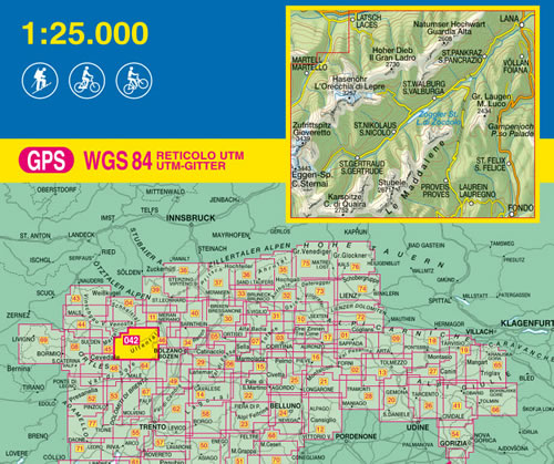 immagine di mappa topografica mappa topografica n.042 - Val d'Ultimo / Ultental, Alta Val di Non - Lago di Zoccolo, Il Gran Ladro, Guardia Alta, Laces, Lana, S. Pancrazio, Foiana, M. Luco, Passo Palade, S. Felice, Lauregno, Proves, Fondo, Le Maddalene, S. Gertrude, C. di Quaira, C. Sternai, Gioveretto, L'Orecchia di Lepre, Martello, S. Nicolo - con reticolo UTM compatibile con sistemi GPS - nuova edizione