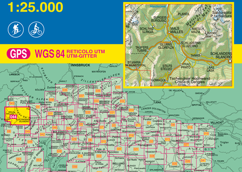 immagine di mappa topografica mappa topografica n.044 - Val Venosta, Malles - Val di Mazia, Sesvenna, Burgusio, Planeil, Litzner, Stelvio, Silandro, Croda di Cengles - con reticolo UTM compatibile con sistemi GPS