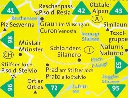 immagine di mappa topografica mappa topografica n.52 - Val Venosta / Vinschgau, Silandro, Naturno, Prato allo Stelvio, Ortler/Ortles, Passo dello Stelvio, Munster, Curon Venosta, Passo di Resia - compatibile con GPS