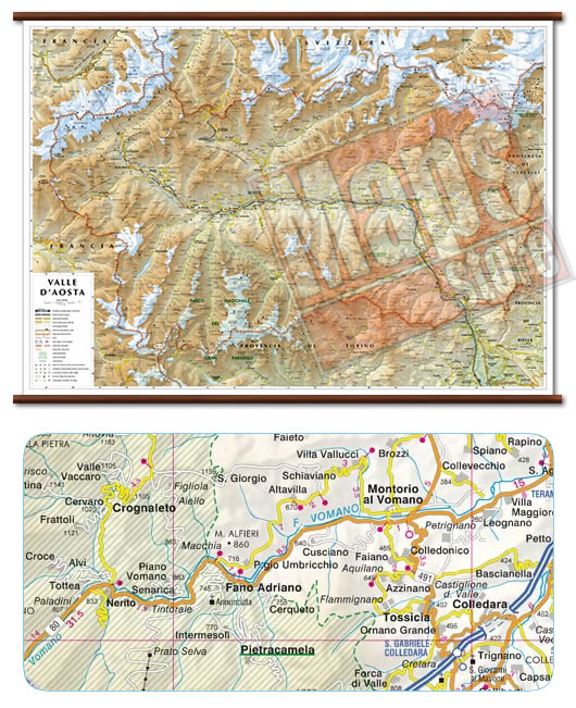 immagine di mappa murale mappa murale Valle d'Aosta - mappa murale con cartografia dettagliata ed aggiornata - plastificata, con eleganti aste in legno - 99 x 67 cm - edizione 2021
