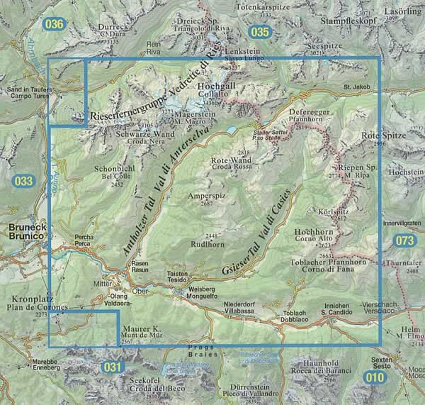 immagine di mappa topografica mappa topografica n.032 - Valle di Anterselva, Valle di Casies / Antholzer Tal, Gsieser Tal - Vedrette di Ries, Anterselva, S. Maddalena, Rasun, Tesido, Corno Alto, M. Ripa, Perca, Monguelfo, Valle di S. Silvestro - con reticolo UTM compatibile con GPS - impermeabile, antistrappo, plastic-free, eco-friendly - nuova edizione