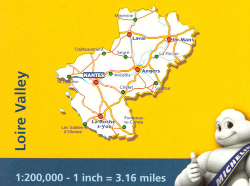 immagine di mappa stradale mappa stradale n. 517 - Valle della Loira / Pays de la Loire / Loire Valley - con Nantes, La Roche-sur-Yon, Les Sables-d'Olonne, Île-d'Yeu, Fontenay-le-Comte, Île de Noirmoutier, Saint-Nazaire, Cholet, Ancenis, Châteaubriant, Segré, Château-Gontier, Laval, Mayenne, Alençon, Mamers, Le Mans, La Flèche, Angers, Saumur - mappa stradale con stazioni di servizio e autovelox - nuova edizione