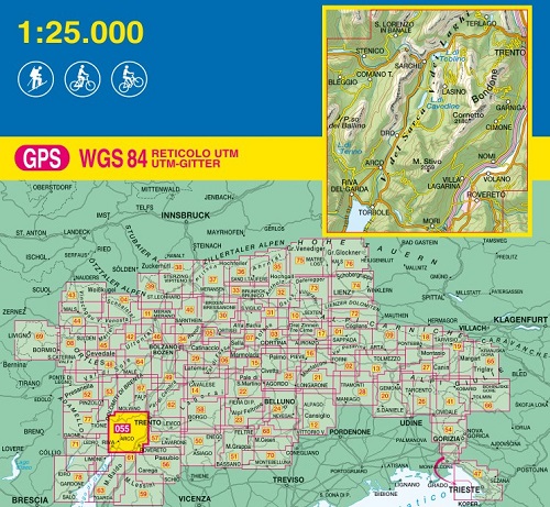 immagine di mappa topografica mappa topografica n.055 - Valle del Sarca, Arco, Riva del Garda - con Valle dei Laghi, Bondone, Val di Gresta, Val Lagarina, Rovereto e Mori - con reticolo UTM compatibile con sistemi GPS