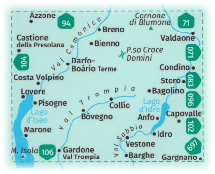 immagine di mappa topografica mappa topografica n.103 - Le Tre Valli Bresciane, Darfo-Boario Terme, Bovegno, Lago d'Idro, Breno, Bagolino, Anfo, Barghe, Vestone, Gardone Valtrompia, Marone, Azzone, Lovere - mappa plastificata, con sentieri CAI, percorsi MTB - edizione 2020