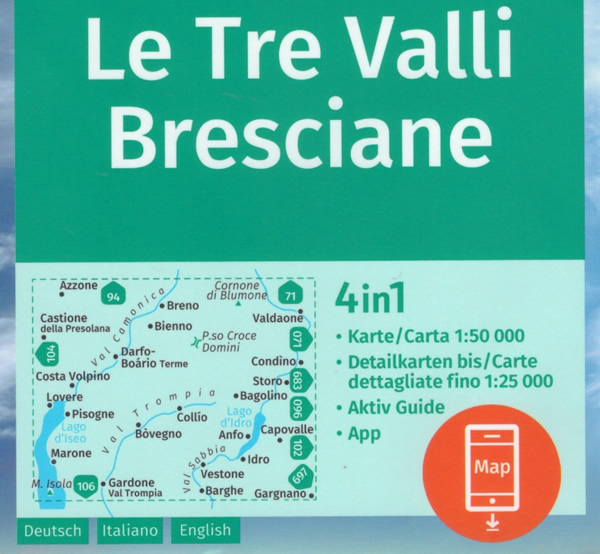 immagine di mappa topografica mappa topografica Le Tre Valli Bresciane, Darfo-Boario Terme, Bovegno, Lago d'Idro, Breno, Bagolino, Anfo, Barghe, Vestone, Gardone Valtrompia, Marone, Azzone, Lovere - mappa plastificata, con sentieri CAI, percorsi MTB - Kompass n.103