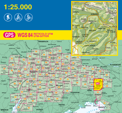 immagine di mappa topografica mappa topografica n.041 - Valli del Natisone, Cividale del Friuli, Krn / Monte Nero - Kobarid, Kolovrat, Passo Solarie, M. Mia, Stol, Pulfero, M. Joanaz, Savogna, Drenchia, S. Leonardo, Castelmonte, Korada, Kanal, Prepotto, Torreano - con reticolo UTM compatibile con sistemi GPS - nuova edizione
