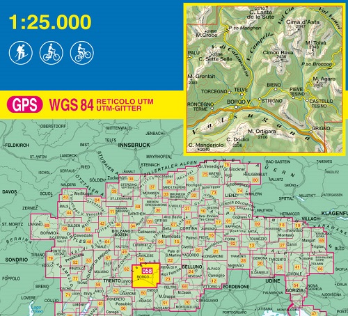 immagine di mappa topografica mappa topografica n.058 - Valsugana, Tesino, Lagorai, Cima d'Asta - Val di Calamento, Cima Sette Selle, Sasso Rotto, Palù, Torcegno, Roncegno Terme, Strigno, Grigno, Pieve Tesino, Bieno, Castello Tesino, M. Agaro, P.so Broccon, M. Tolvà, Cimon Rava, M. Ortigara, P.so Manghen - con reticolo UTM compatibile con sistemi GPS - edizione 2020