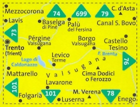 immagine di mappa topografica mappa topografica n.75 - Valsugana, Trento, Piné, Levico Terme, Lavarone, Pergine, Borgo Valsugana, Lago di Caldonazzo, Castello Tesino, Cima Dodici/Ferozzo, M. Verena, Luserna, Cima d'Asta, Mezzocorona, Lavis - mappa plastificata, compatibile con GPS + mappa panoramica