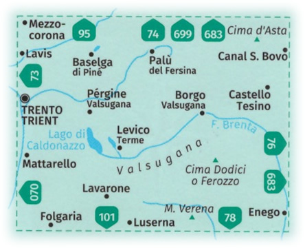 immagine di mappa topografica mappa topografica n.75 - Valsugana, Trento, Piné, Levico Terme, Lavarone, Pergine, Borgo Valsugana, Lago di Caldonazzo, Castello Tesino, Cima Dodici/Ferozzo, M. Verena, Luserna, Cima d'Asta, Mezzocorona, Lavis - mappa plastificata, compatibile con GPS + mappa panoramica - edizione 2020