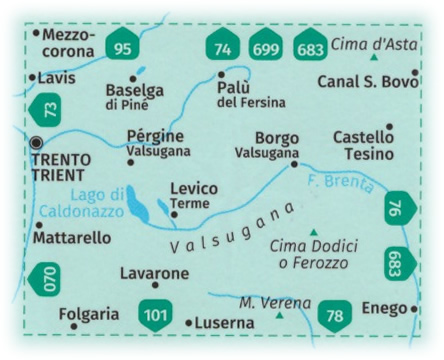 immagine di mappa topografica mappa topografica n.75 - Valsugana, Trento, Piné, Levico Terme, Lavarone, Pergine, Borgo Valsugana, Lago di Caldonazzo, Castello Tesino, Cima Dodici/Ferozzo, M. Verena, Luserna, Cima d'Asta, Mezzocorona, Lavis - mappa plastificata, compatibile con GPS + mappa panoramica - nuova edizione