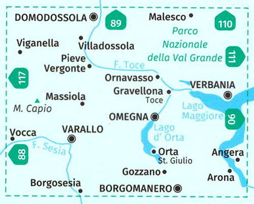immagine di mappa topografica mappa topografica Varallo, Verbania, Lago d'Orta, Parco Nazionale Val Grande, Domodossola, Villadossola, Malesco, Verbania, Omegna, Lago Maggiore, Arona, Borgomanero, Borgosesia, Grondo - mappa Kompass n.97 - mappa escursionistica, plastificata, compatibile con GPS