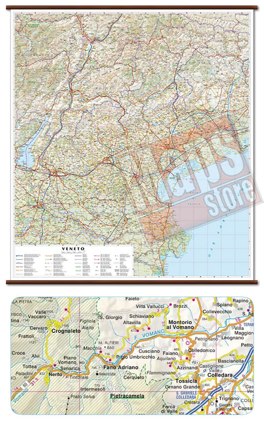 immagine di mappa murale mappa murale Veneto - mappa murale con cartografia dettagliata ed aggiornata - plastificata, con eleganti aste in legno - 96 x 86 cm - edizione 2021