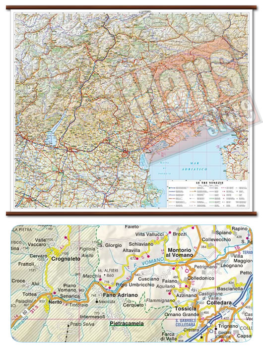immagine di mappa murale mappa murale Le Tre Venezie - mappa murale con cartografia dettagliata ed aggiornata - plastificata, con eleganti aste in legno - 86 x 72 cm - nuova edizione