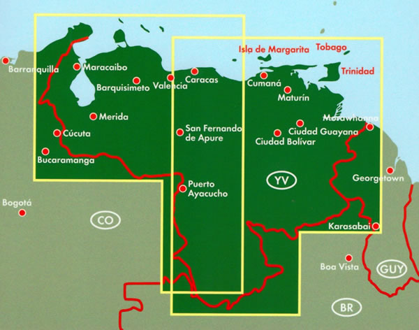 immagine di mappa stradale mappa stradale Venezuela - con Maracaibo, Caracas, San Cristobal, Merida, Isole Aruba, Bonaire, Willemstad, Los Roques - con spiagge, luoghi panoramici, parchi e riserve naturali - nuova edizione