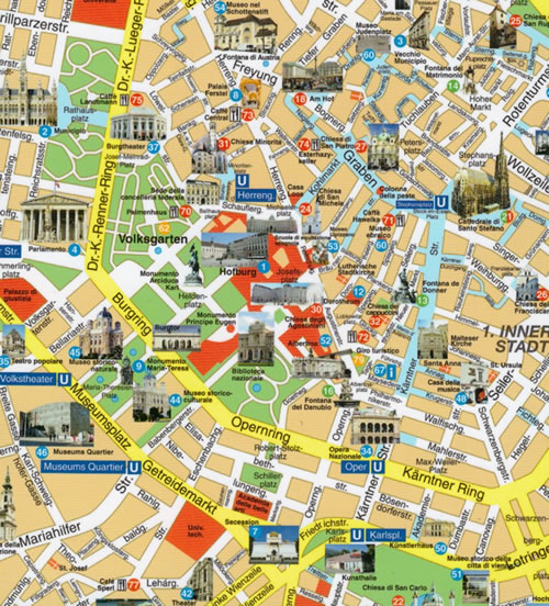 immagine di mappa di città mappa di città Vienna / Wien - mappa della città - con chiese, monumenti, musei, teatri, trasporti pubblici, elenco delle strade