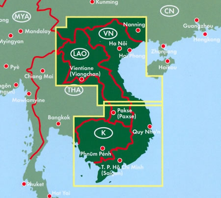immagine di mappa stradale mappa stradale Vietnam, Laos, Cambogia - con Hà Noi, Ho Chí Minh (Sài Gòn), Da Nang, Huè, Haiphong, Hai Phong, Phnom Penh, Luang Prabang, Vat Phu, Vientiane, Vang Vieng, Nam U, Phongsaly, Luang Namtha
