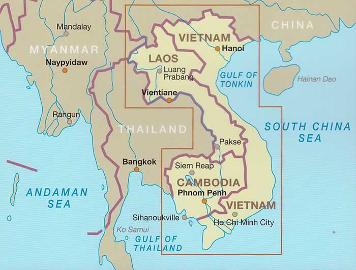 immagine di mappa stradale mappa stradale Vietnam, Laos, Cambogia - mappa stradale - impermeabile e antistrappo - con Hà Noi, Ho Chí Minh (Sài Gòn), Da Nang, Huè, Haiphong, Hai Phong, Phnom Penh, Luang Prabang, Vat Phu, Vientiane, Vang Vieng, Nam U, Phongsaly, Luang Namtha