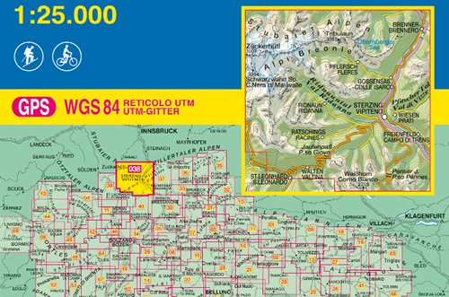 immagine di mappa topografica mappa topografica n.038 - Vipiteno, Alpi Breonie / Sterzing, Stubaier Alpen - Val Ridanna, Racines, Passo Giovo, Vipiteno, Campo di Trens, Val di Vizze, Corno Bianco, Brennero - con reticolo UTM compatibile con sistemi GPS