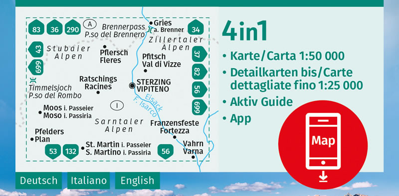 immagine di mappa topografica mappa topografica Vipiteno / Sterzing, Brennero, Campo di Trens/Freienfeld, Val di Vizze/Pfitsch, Varna, Ratschings/Racines, Ridnaun/Ridanna, Moso in Passiria, San Martino in Passiria, Gruppo di Tessa, Sarentino, Monti Sarentini, Monti di Fundres, Alpi Breonie, Alpi Aurine - con informazioni turistiche, sentieri CAI, percorsi panoramici e parchi naturali - mappa plastificata n.44 Kompass, compatibile con GPS - EDIZIONE Novembre 2023