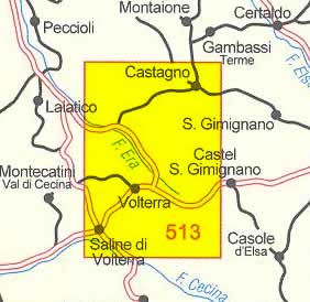 immagine di mappa topografica mappa topografica n.513 - Volterra - mappa dei sentieri, con siti archeologici e mappa della città di Volterra