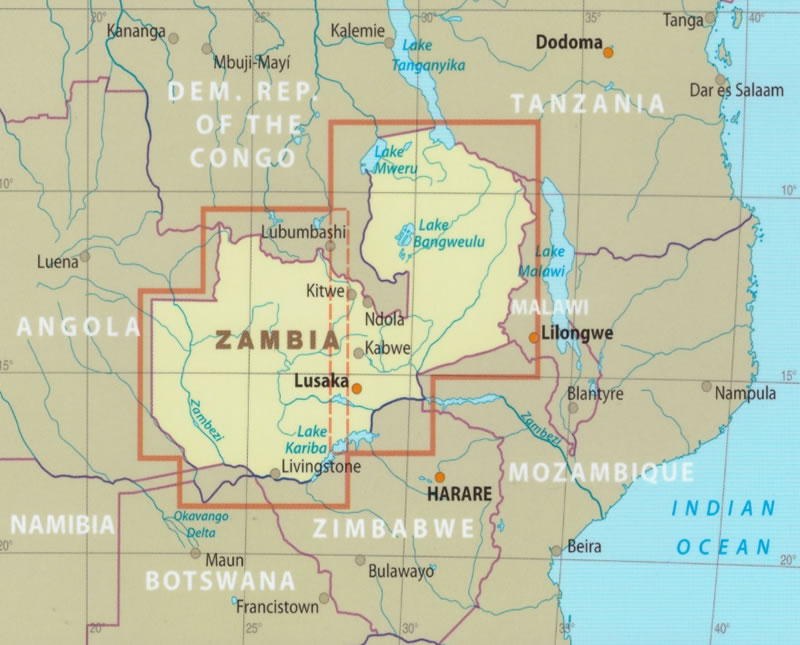immagine di mappa stradale mappa stradale Zambia - con Kabwe, Ndola, Chipata, Mansa, Lusaka, Kasama, Solwezi, Livingstone, Mongu - mappa stradale, impermeabile e antistrappo - nuova edizione