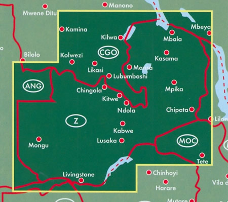 immagine di mappa stradale mappa stradale Zambia - con Kabwe, Ndola, Chipata, Mansa, Lusaka, Kasama, Solwezi, Livingstone, Mongu - edizione 2025