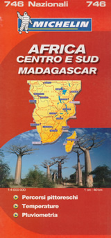 mappa stradale Africa Centro-Sud e Madagascar (con Kenya, Tanzania, Congo, Gabon, Uganda, Zambia, Angola, Mozambico, Namibia, Botswana, Zimbabwe, Sud Africa) - carta stradale Michelin n.746 - con percorsi panoramici, temperature, pluviometria