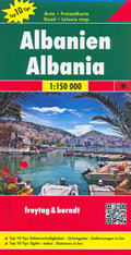 mappa Albania con Tirana, Durazzo, Scutari, Elbasan, Coriza, Valona, Fier stradale luoghi panoramici, parchi e riserve naturali