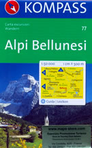mappa n.77 Alpi Bellunesi, Alleghe, Rocca Piétore, Monte Civetta, Valle d'Ampezzo, Pieve di Cadore, Antelao, Longarone, Ponte Alpi, Farra d'Alpago, Passo Duran, Agordo, Rivamonte, M. Pizzocco, S. Giustina, Trichiana, Belluno, Schiara