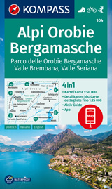 mappa Alpi Orobie Bergamasche, Valle Brembana, Seriana, Sondrio, Morbegno, Foppolo, San Pellegrino Terme, Bergamo, Monte Isola, Lago d'Iseo, Lovere con sentieri CAI, percorsi panoramici e parchi naturali Kompass n.104 plastificata, compatibile GPS 2024