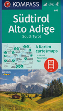 mappa Alto Adige / Südtirol Bolzano, Laives, Caldaro, Cavalese, Predazzo, Moena, Catena dei Lagorai, Merano, Bressanone, Cortina d'Ampezzo, Brunico, Corvara, Badia, Campo Tures, Silandro, Latemar, Schlen, Martello, Münster, Vipiteno, Monti Sarentini, Chiusa, Brennero, Ötztaler Alpen Set di 4 mappe escursionistiche compatibili con GPS n.699 Kompass