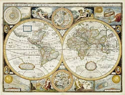 mappa murale Mappa Antica del Mondo - elegante riproduzione di una stampa antica del 1651 - con rappresentazione degli emisferi, elementi e sfera celeste