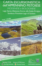 mappa topografica Appennino Pistoiese, Modenese e Bolognese - carta dei sentieri - con Lago Santo, Abetone, Corno alle Scale, Orsigna, Sambuca Pistoiese, Lago di Suviana, Alpe Tre Potenze, Monte Gomito, Cutigliano, S. Marcello Pistoiese - con rifugi, sentieri CAI numerati, percorsi MTB e GEA, sorgenti, aree di sosta - nuova edizione