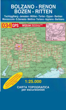 mappa topografica n.034 - Bolzano, Renon, Salto / Bozen, Ritten, Salten - con reticolo UTM compatibile con sistemi GPS - edizione 2018