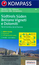 mappa n.74 Bolzano Vigneti e Dolomiti, Val di Cembra, Fiemme, Tramin/Termeno, Caldaro, Cavalese, Auer/Ora, Latemar, Predazzo, Catena de Lagorai, Salorno, Cima d'Asta, Moena compatibile con GPS + panoramica