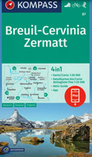 mappa topografica n.87 - Breuil-Cervinia, Zermatt, Aosta, St. Vincent, Torgnon, Valpelline, Champoluc, Ollomont, Lago di Place Moulin, Monte Rosa, Monte Cervino, Grand Combin, Arolla - con sentieri CAI, percorsi panoramici e parchi naturali - mappa plastificata, compatibile con GPS - edizione 2023