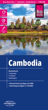mappa Cambodia con Phnom Penh, Siem Reap, Ta Khmau, Battambang, Angkor, Can Tho, Phu Quoc impermeabile e antistrappo 2024